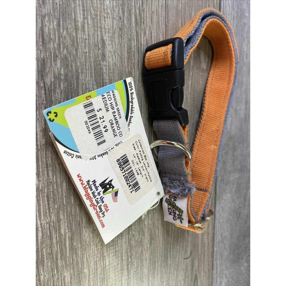 Wagging Green Eco Hip Bamboo Dog Collar Medium Orange Grey 3/4